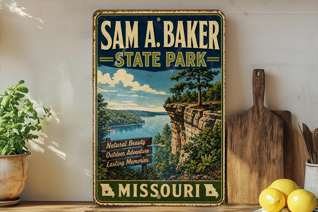 A vintage-style metal sign for Sam A. Baker State Park in Missouri, featuring a scenic landscape with a cliff overlooking a lake.