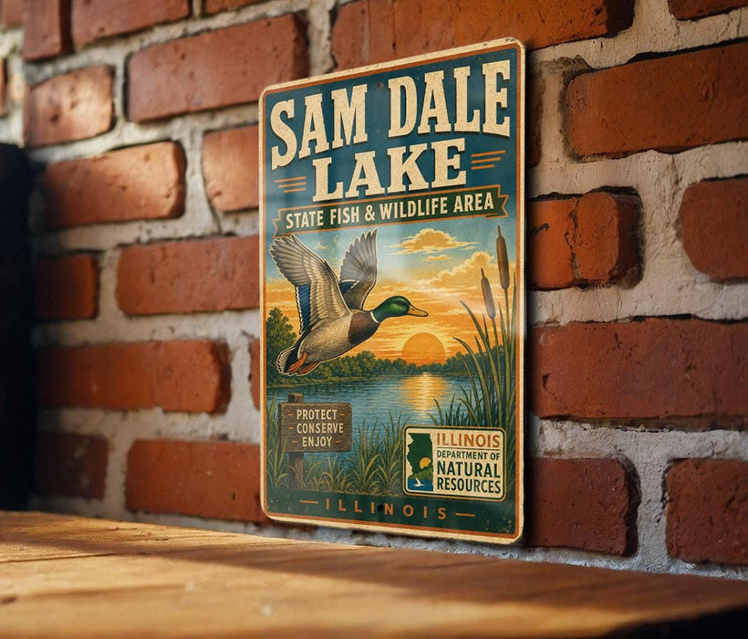 A vintage metal sign for Sam Dale Lake, featuring an illustration of a duck in flight over a scenic landscape.
