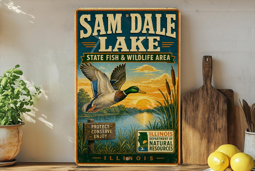 A vintage-style metal sign for Sam Dale Lake, featuring an illustration of a duck in flight over a lake and surrounding landscape, with text promoting the state's fish and wildlife area.