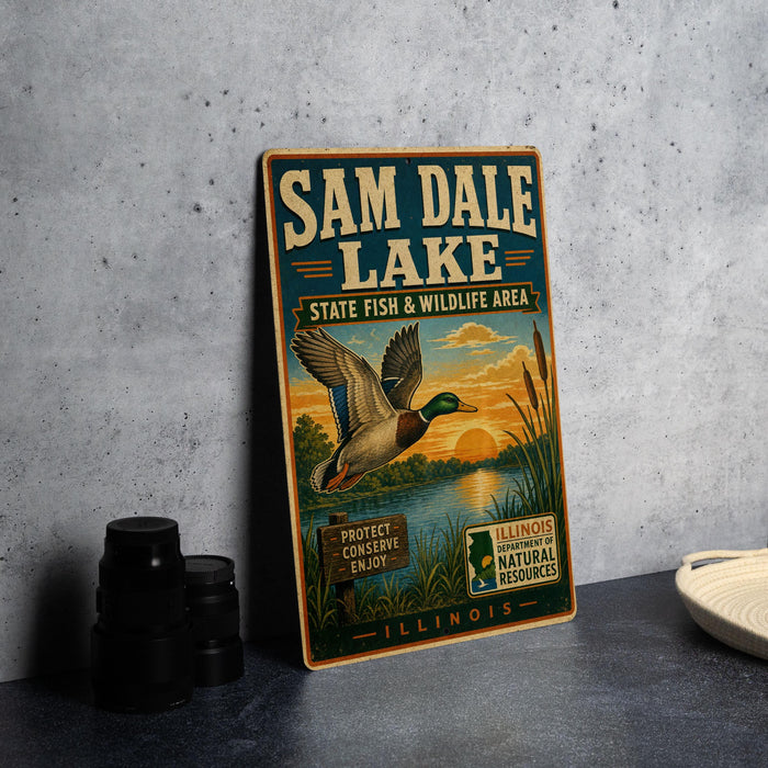 A vintage-style metal sign for Sam Dale Lake, featuring an illustration of a duck in flight over a lake, with text promoting the lake as a state fish and wildlife area.