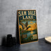 A vintage-style metal sign for Sam Dale Lake, featuring an illustration of a duck in flight over a lake, with text promoting the lake as a state fish and wildlife area.