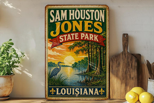 A vintage-style metal sign for Sam Houston Jones State Park in Louisiana, featuring a scenic illustration of a sunset over a body of water with a crane in the foreground.