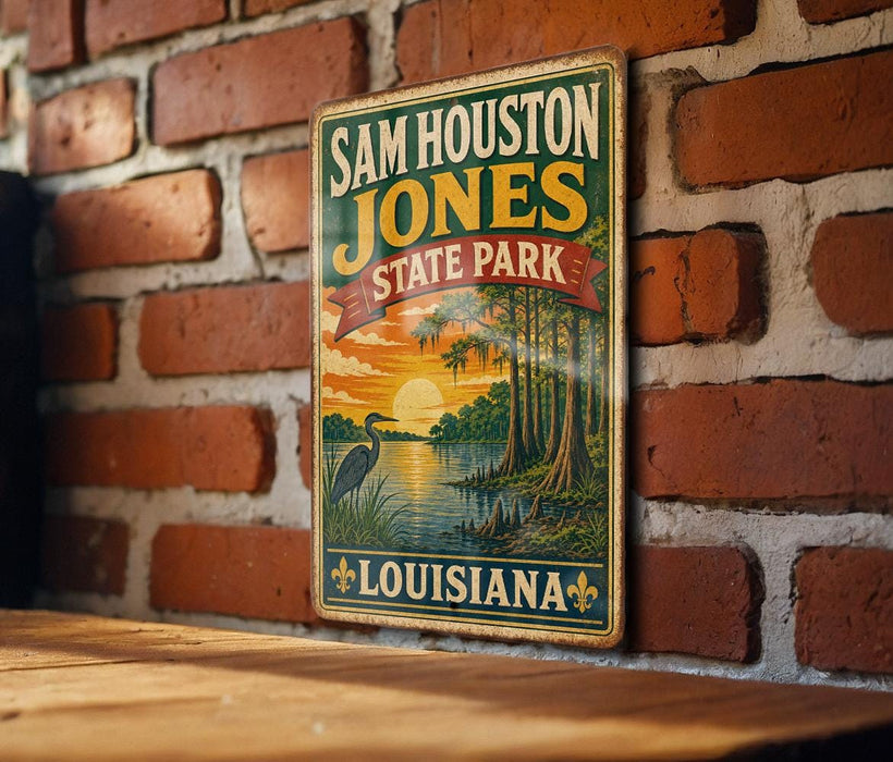 A vintage-style metal sign for Sam Houston Jones State Park in Louisiana, featuring a scenic illustration of a sunset over a body of water with palm trees.