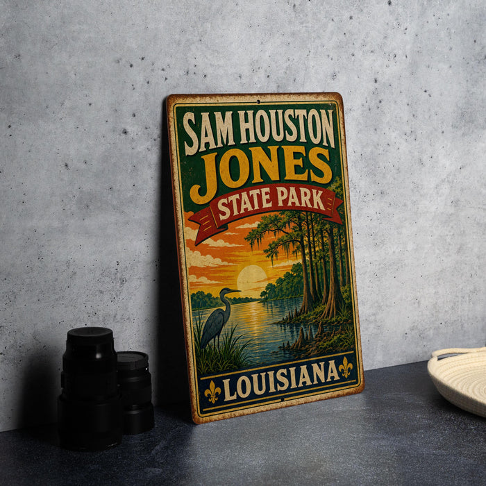 A vintage-style sign for Sam Houston Jones State Park in Louisiana, featuring a scenic illustration of a lake, trees, and a bird.