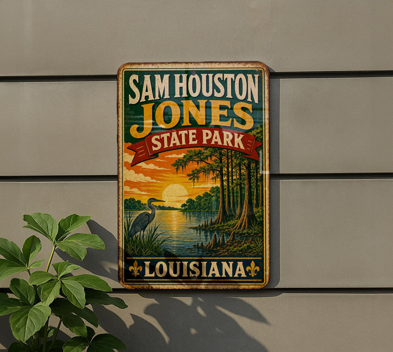A vintage-style metal sign for Sam Houston Jones State Park in Louisiana, featuring a scenic landscape with a sunset, palm trees, and a heron.