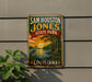 A vintage-style metal sign for Sam Houston Jones State Park in Louisiana, featuring a scenic landscape with a sunset, palm trees, and a heron.