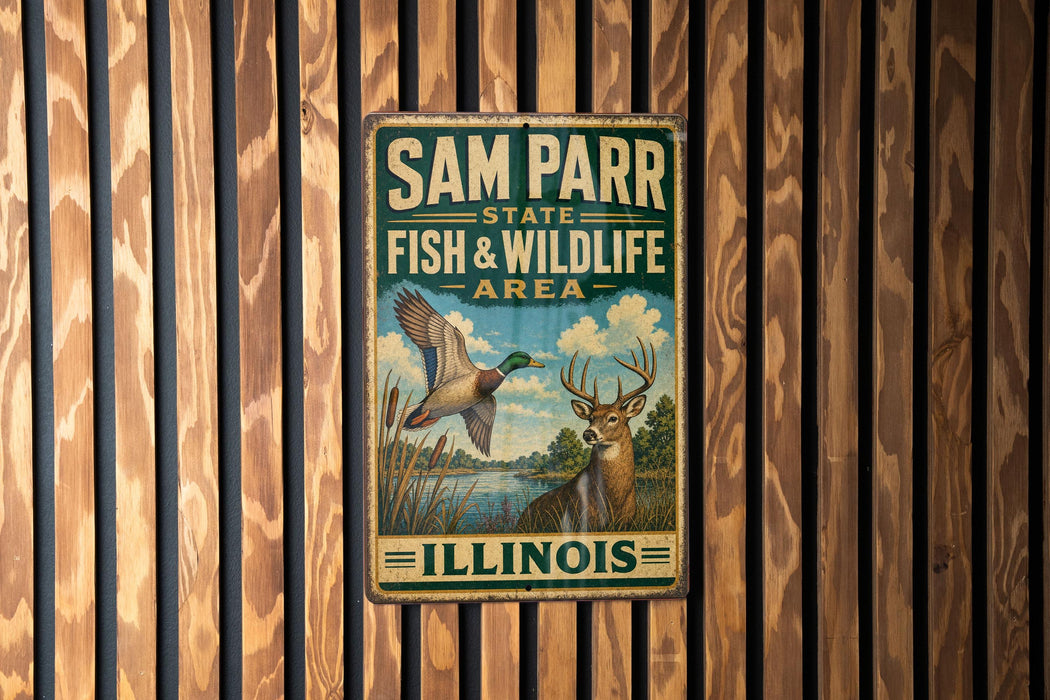 A vintage metal sign for Sam Parr State Fish & Wildlife Area in Illinois, featuring an illustration of a bird and a deer.