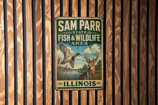 A vintage metal sign for Sam Parr State Fish & Wildlife Area in Illinois, featuring an illustration of a bird and a deer.
