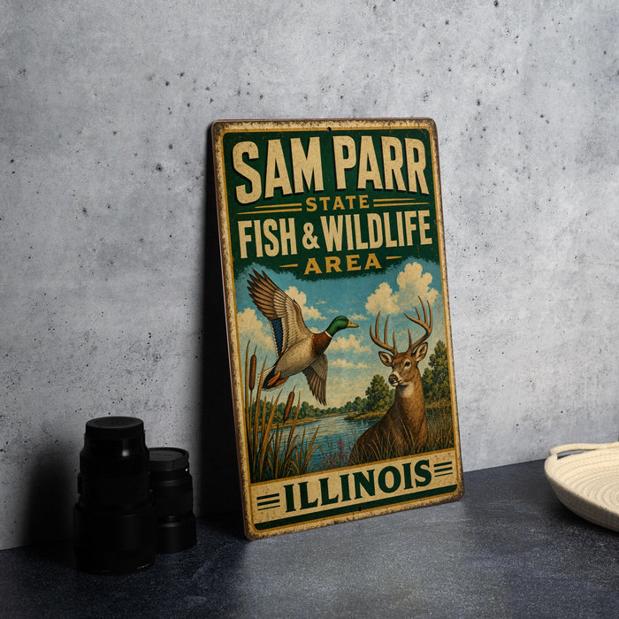 A vintage-style sign for the Sam Parr State Fish and Wildlife Area in Illinois, featuring illustrations of wildlife such as ducks and deer.