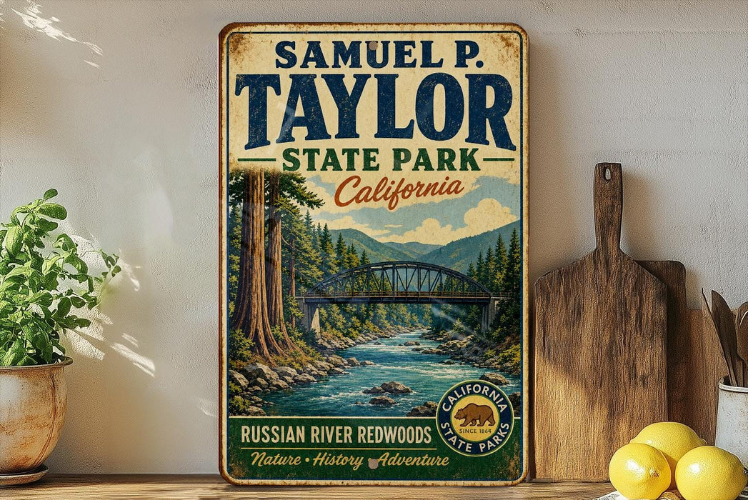 A vintage-style metal sign for Samuel P. Taylor State Park in California, featuring a scenic illustration of a river and forest landscape.