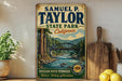 A vintage-style metal sign for Samuel P. Taylor State Park in California, featuring a scenic illustration of a river and forest landscape.