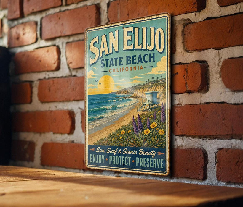 A vintage-style metal sign for San Elijo State Beach, California, featuring a beach scene with a lifeguard tower and palm trees.
