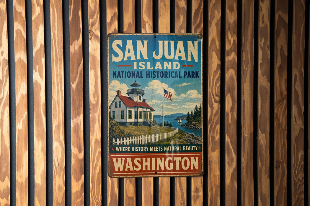 A vintage-style metal sign for San Juan Island National Historical Park in Washington, featuring a lighthouse and a scenic landscape.