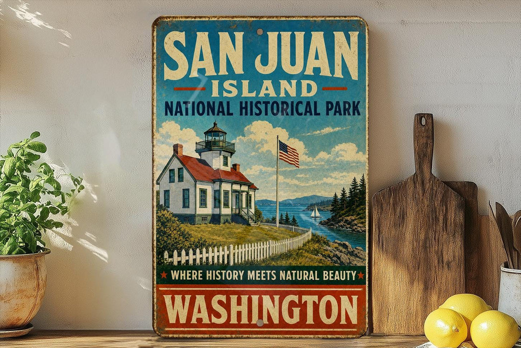 A vintage-style sign for San Juan Island National Historical Park in Washington, featuring a lighthouse and a scenic landscape.