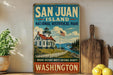 A vintage-style sign for San Juan Island National Historical Park in Washington, featuring a lighthouse and a scenic landscape.