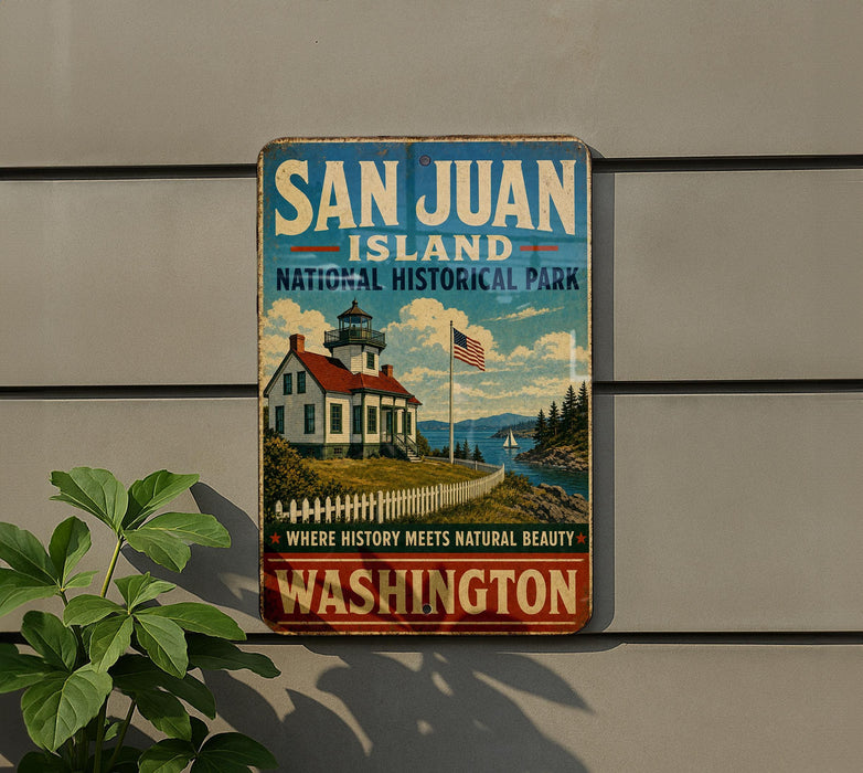 A vintage-style sign for San Juan Island National Historical Park, featuring a lighthouse and a scenic landscape, mounted on a wall.