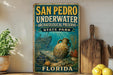 a vintage-style sign for San Pedro Underwater Archaeological Preserve in Florida, with a ship and underwater scene depicted on the sign.