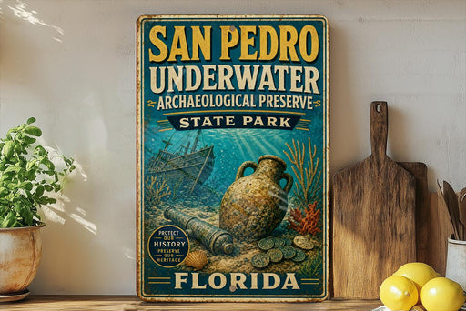 a vintage-style sign for San Pedro Underwater Archaeological Preserve in Florida, with a ship and underwater scene depicted on the sign.