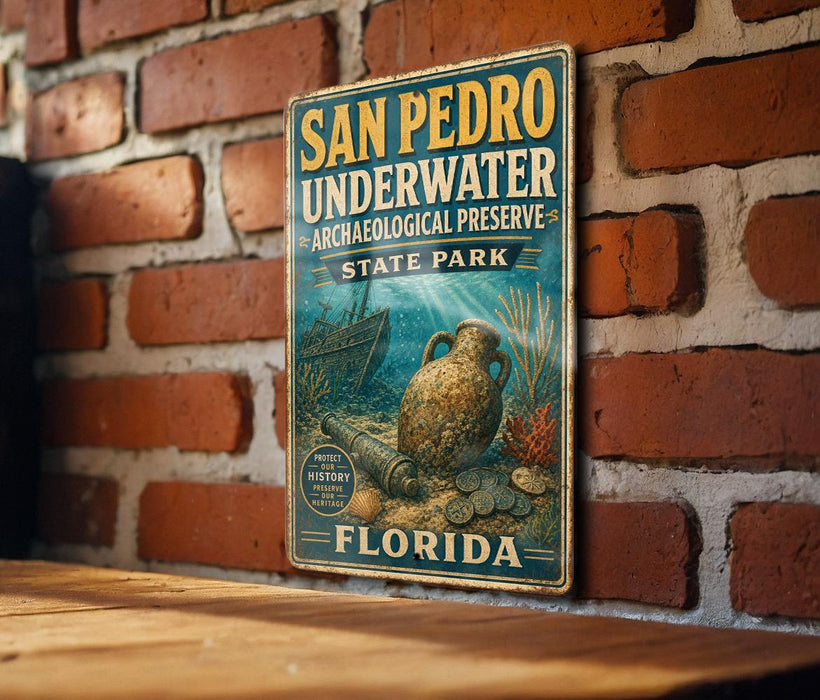 A vintage-style metal sign for the San Pedro Underwater Archaeological Preserve in Florida, featuring an illustration of underwater ruins and artifacts.