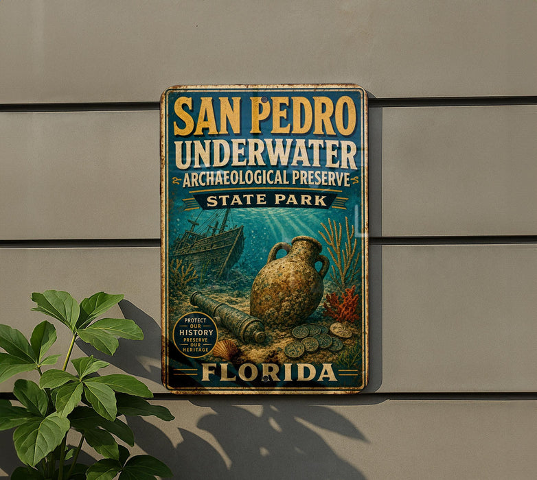 A vintage-style metal sign for San Pedro Underwater Archaeological Preserve, located in Florida.