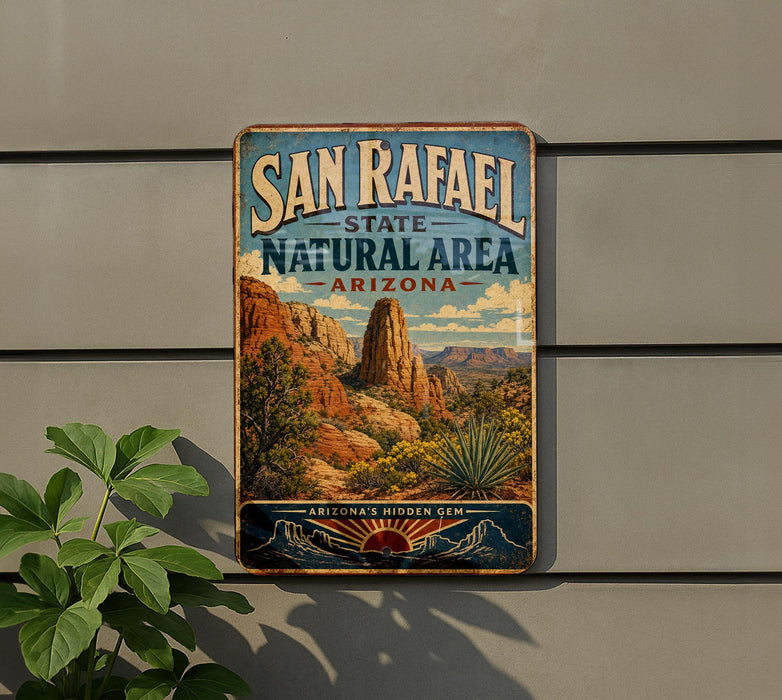 A vintage-style metal sign for San Rafael State Natural Area in Arizona, featuring a desert landscape with mountains and desert plants.