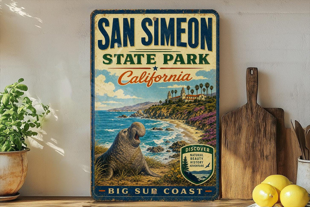 A vintage-style sign for San Simeon State Park in California, featuring a scenic image of a coastal landscape with a large seal.