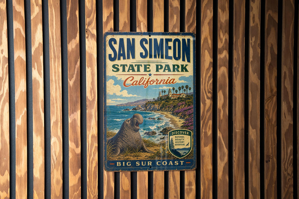 A vintage-style metal sign for San Simeon State Park in California, featuring a scenic image of a coastal landscape with a seal and the text "BIG SUR COAST".