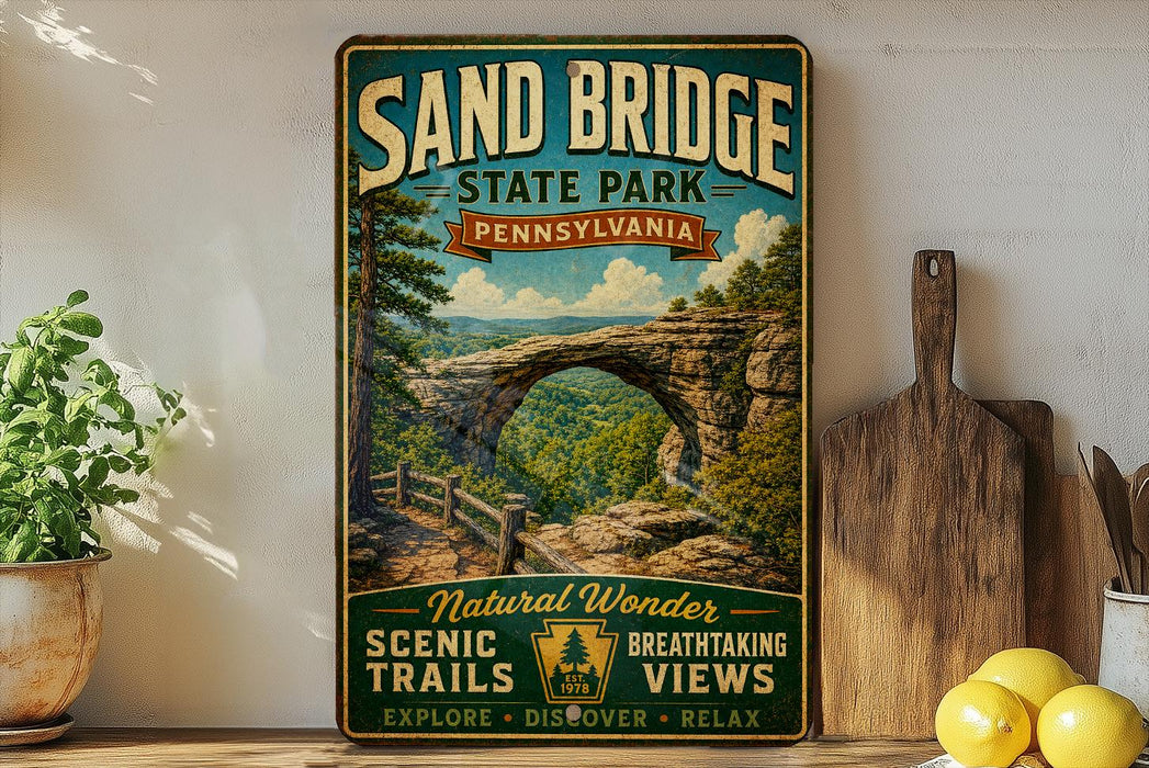 A vintage-style metal sign for Sand Bridge State Park in Pennsylvania, featuring a scenic image of the arch and the surrounding landscape.
