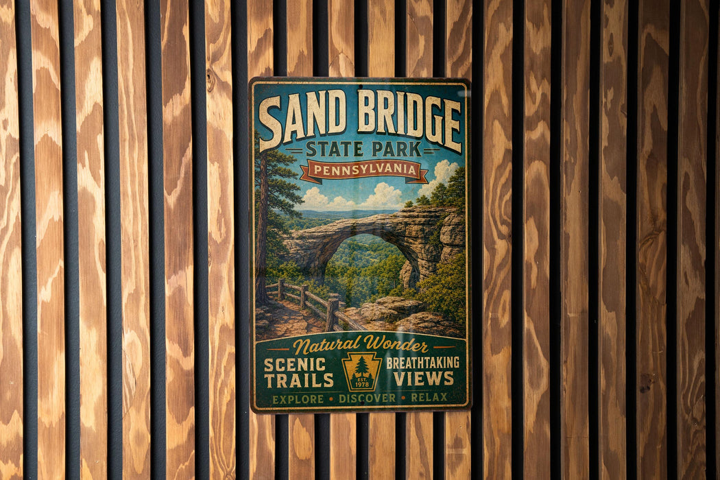 A vintage-style metal sign for Sand Bridge State Park in Pennsylvania, featuring a scenic illustration of the bridge surrounded by lush greenery.