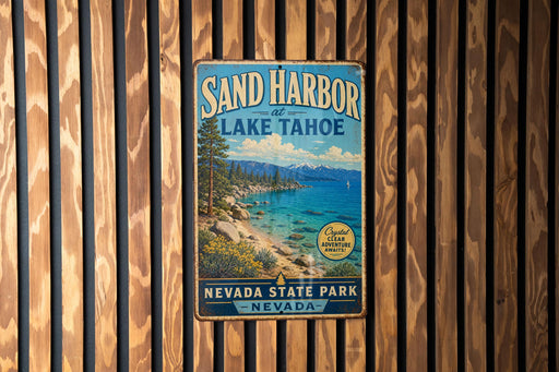 A vintage-style metal sign for Sand Harbor at Lake Tahoe, Nevada, featuring a scenic image of the lake and mountains.