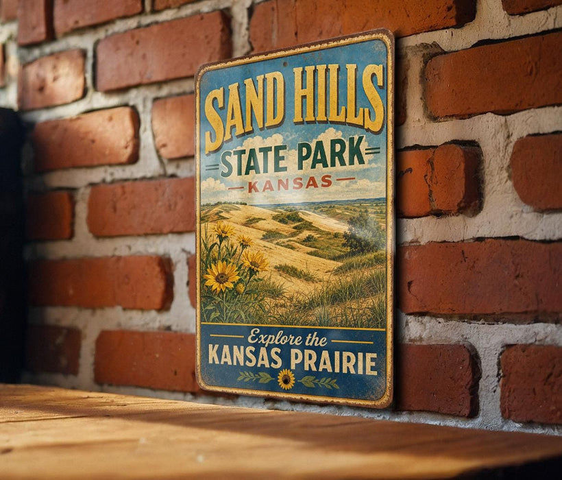 A vintage metal sign for Sand Hills State Park in Kansas, featuring a scenic landscape with a field of flowers and a mountain in the background.