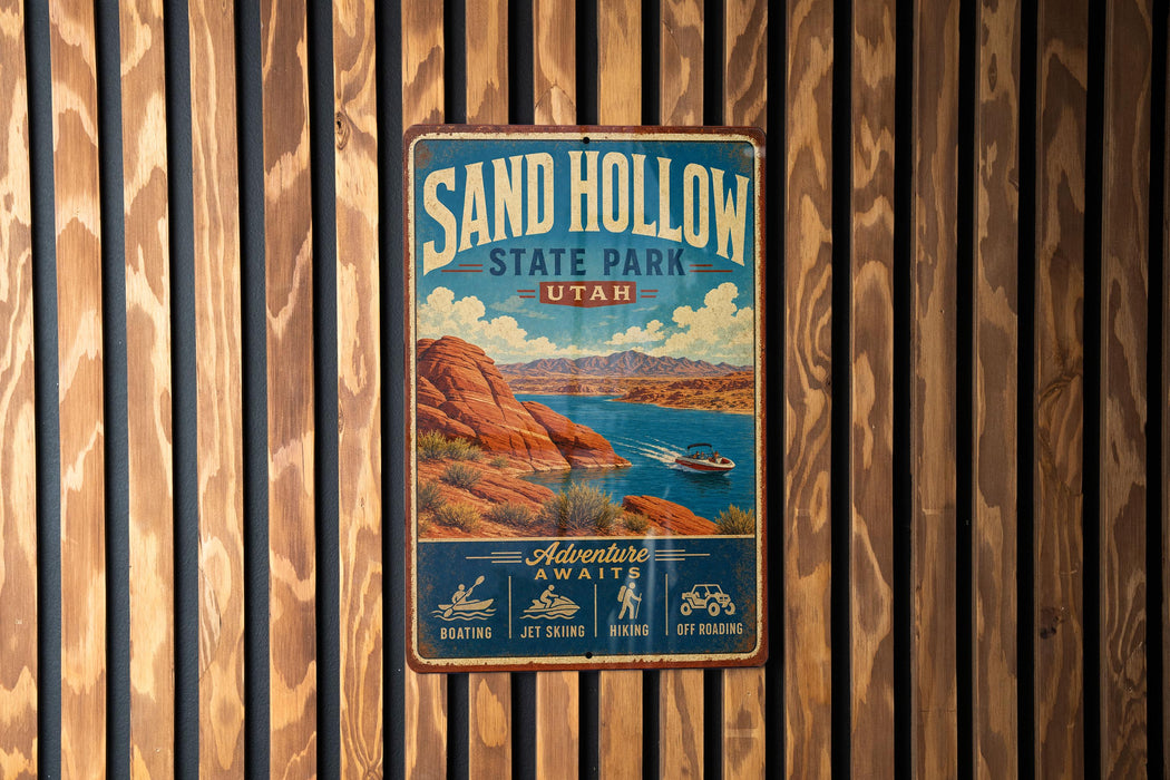 A vintage metal sign for Sand Hollow State Park in Utah, featuring a scenic illustration of the park's landscape and water activities.