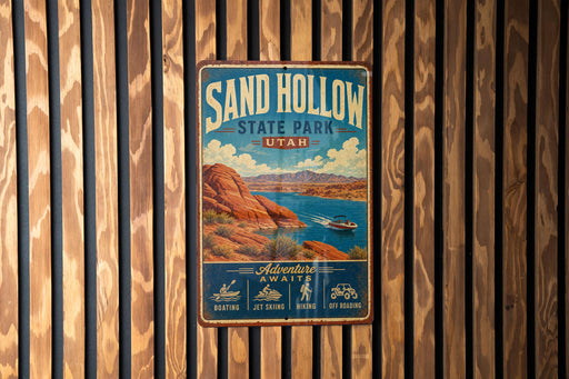 A vintage metal sign for Sand Hollow State Park in Utah, featuring a scenic illustration of the park's landscape and water activities.