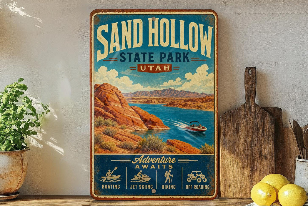 A vintage-style metal sign for Sand Hollow State Park in Utah, featuring a scenic illustration of the park's landscape with a lake, mountains, and boats.