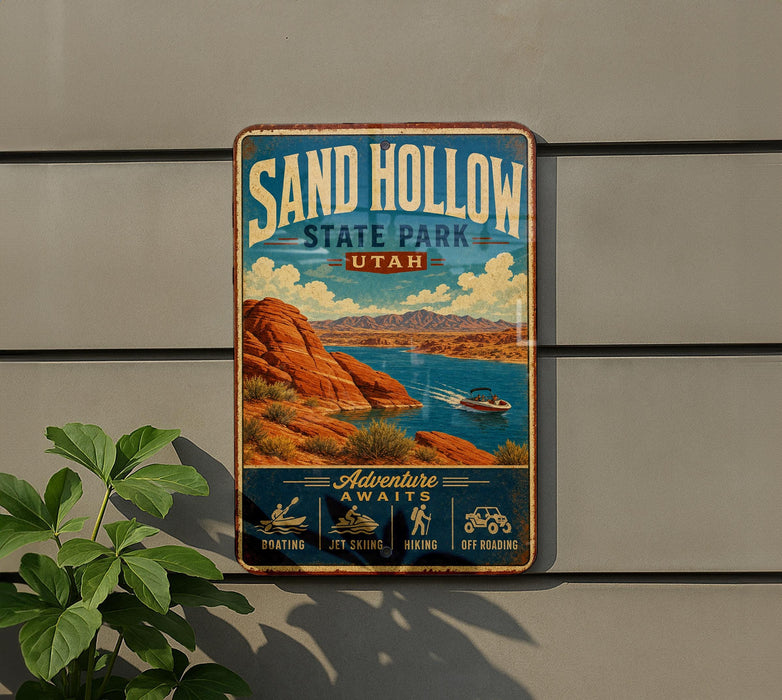 A vintage-style metal sign for Sand Hollow State Park in Utah, featuring a scenic illustration of the park's landscape and water.