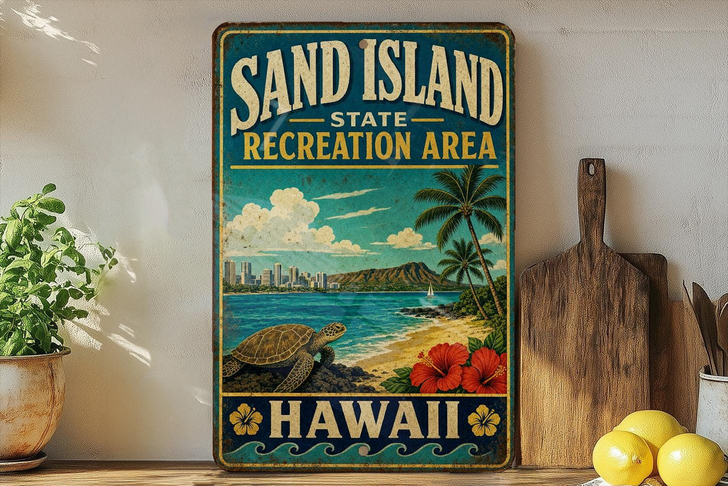 A vintage-style sign for the "Sand Island State Recreation Area" in Hawaii, featuring a beach scene with a turtle, palm trees, and a city skyline in the background.