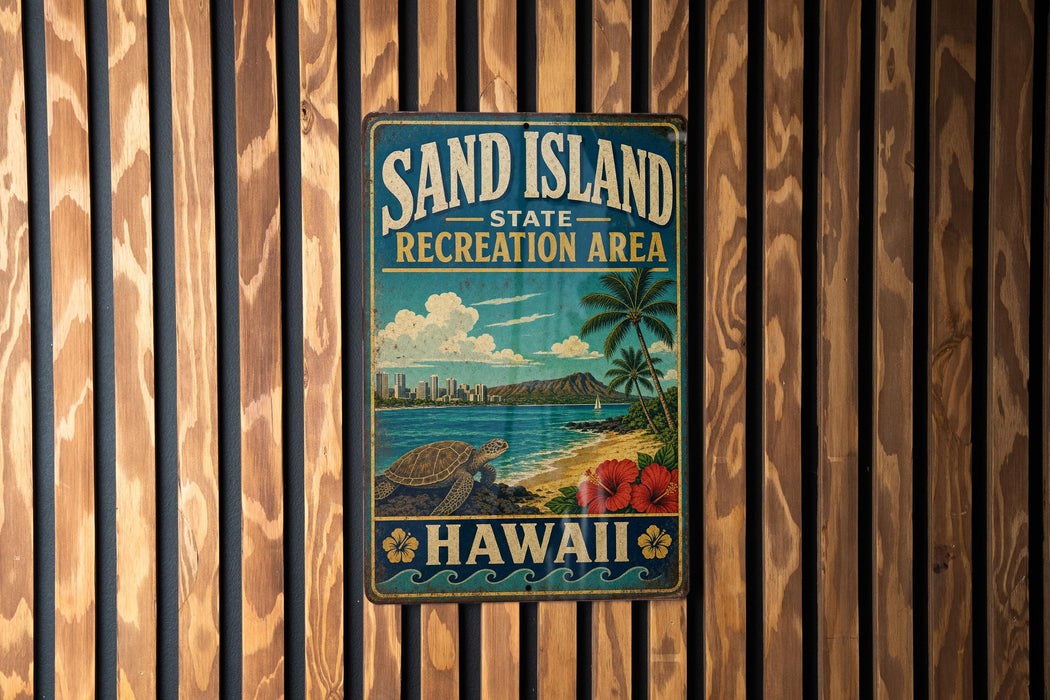 A vintage-style metal sign for the "Sand Island State Recreation Area" in Hawaii, featuring a beach scene with a palm tree, ocean, and city skyline.
