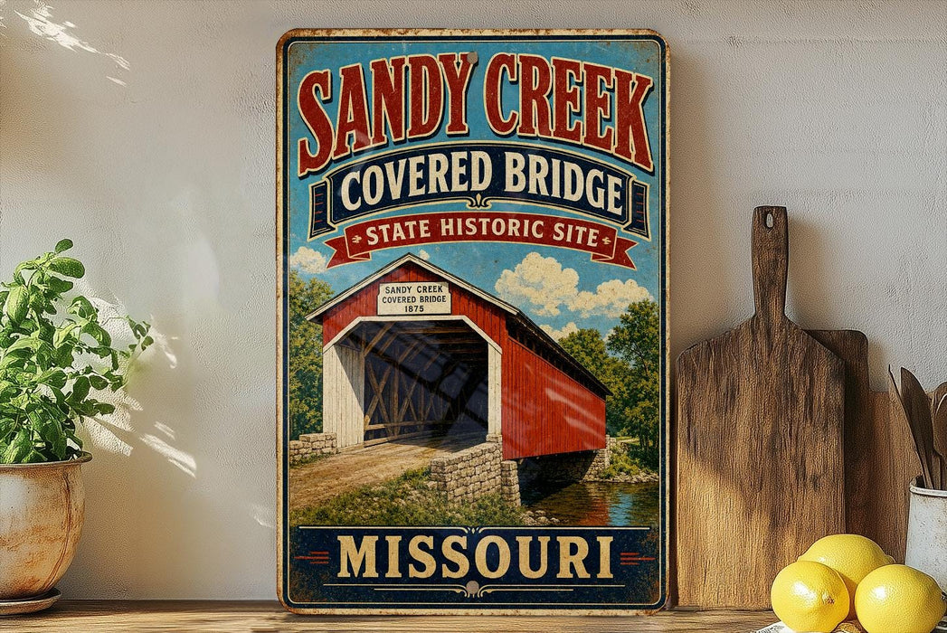 A vintage-style metal sign for the Sandy Creek Covered Bridge in Missouri, featuring an illustration of a covered bridge and the text "Sandy Creek Covered Bridge State Historic Site" and "Missouri".