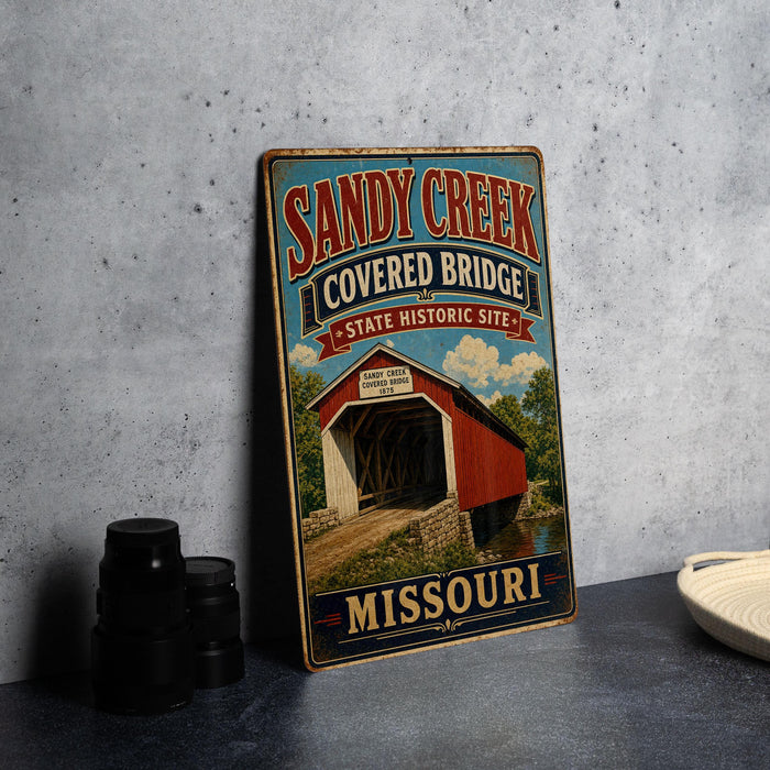 A vintage-style metal sign for the Sandy Creek Covered Bridge in Missouri, featuring an illustration of a covered bridge and the text "Sandy Creek Covered Bridge Missouri".