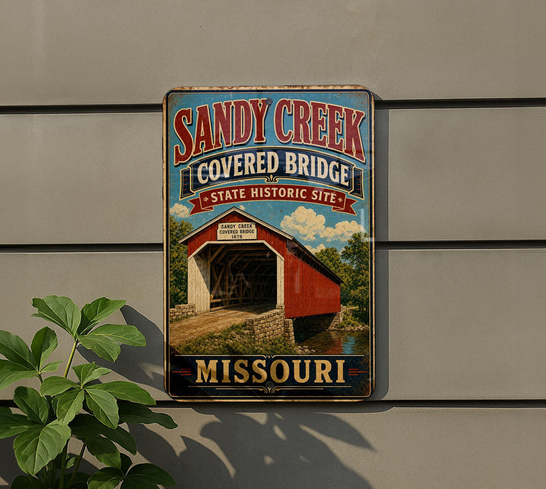 A vintage-style metal sign for the Sandy Creek Covered Bridge in Missouri, featuring an illustration of a covered bridge and the text "Sandy Creek Covered Bridge State Historic Site Missouri".