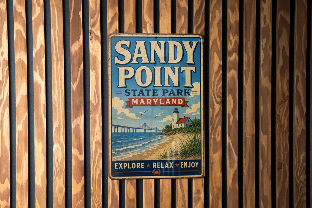 A vintage-style metal sign for Sandy Point State Park in Maryland, featuring a lighthouse and beach scene, is displayed on a wooden wall.