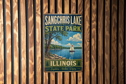 A vintage metal sign for Sangchris Lake State Park in Illinois, featuring a sailboat on a lake and a scenic landscape.