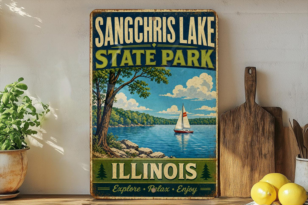 A vintage-style sign for Sangchris Lake State Park in Illinois, featuring a scenic image of a lake with a sailboat and trees.