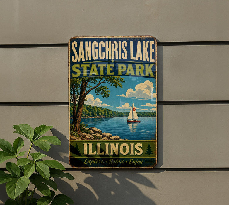 A vintage-style sign for Sangchris Lake State Park in Illinois, featuring a sailboat on the lake and a scenic landscape.