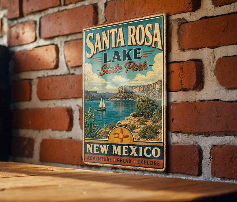 A vintage-style metal sign for Santa Rosa Lake State Park in New Mexico, featuring a scenic landscape with a sailboat and mountains in the background.