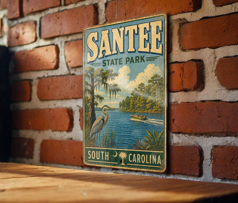 A vintage-style metal sign for Santee State Park in South Carolina, featuring a scenic illustration of a lake, palm trees, and a crane.