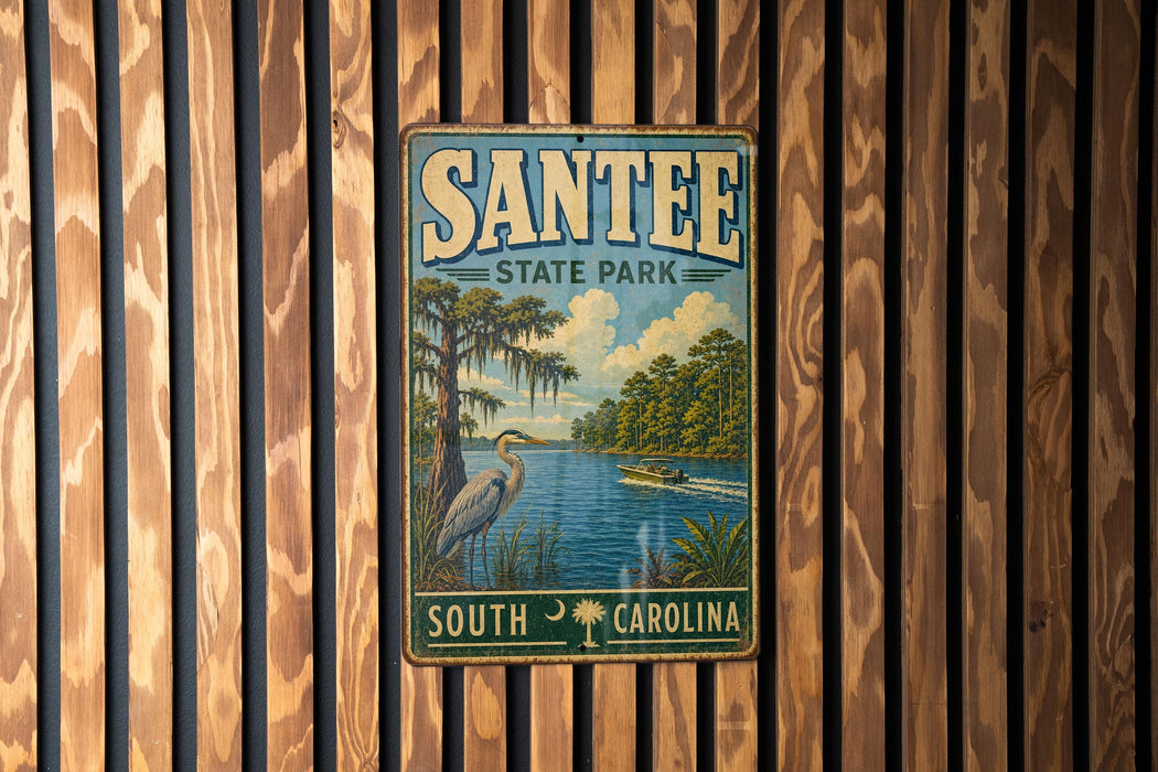 A vintage metal sign for Santee State Park, featuring a scenic illustration of a river, trees, and a bird, is displayed on a wooden wall.