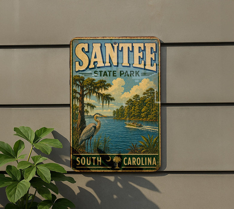 A vintage-style sign for Santee State Park in South Carolina, featuring a serene landscape with a crane, palm trees, and a river.