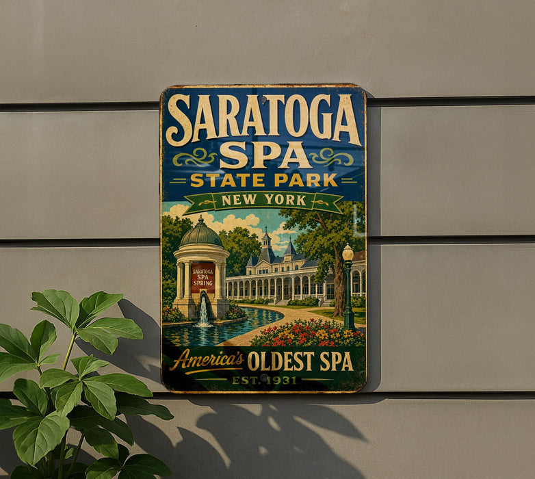A vintage-style metal sign for Saratoga Spa, New York, with a scenic illustration of the spa and surrounding landscape.