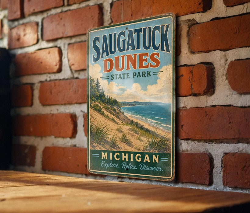 A vintage metal sign for Saugatuck Dunes State Park in Michigan, featuring a scenic beach landscape and the text "Michigan Explore. Relax. Discover."